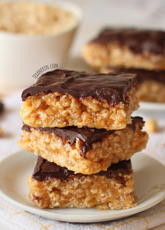 Healthier Chocolate Peanut Butter Rice Krispie Treats – can be made gluten-free, whole grain, vegan and dairy-free! And they're naturally sweetened.