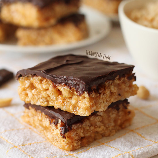Healthier Chocolate Peanut Butter Rice Krispie Treats – naturally sweetened and with gluten-free, whole grain, dairy-free, and vegan options!