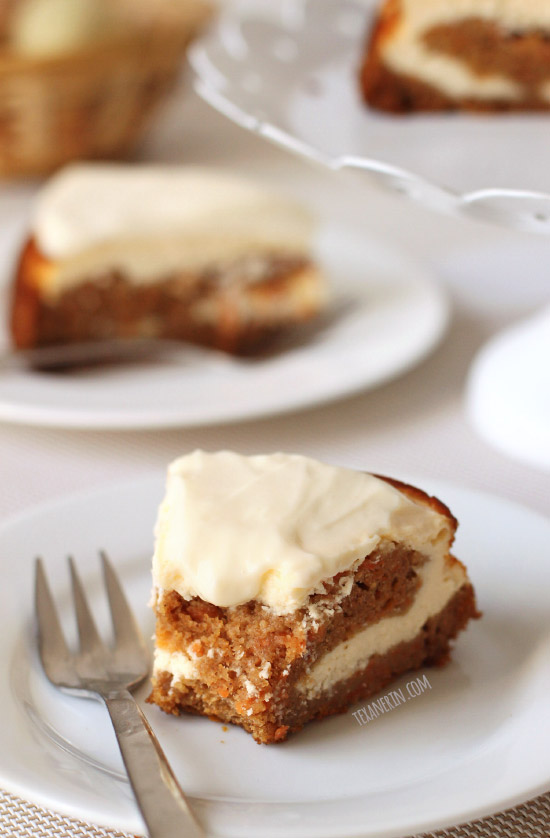 This healthier carrot cake cheesecake is 100% whole grain, made with less sugar and would make a great Easter dessert.