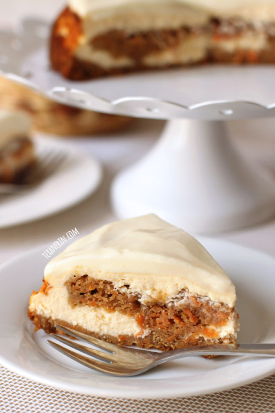 This healthier carrot cake cheesecake is whole grain, made with less sugar and would make for a special Easter dessert!