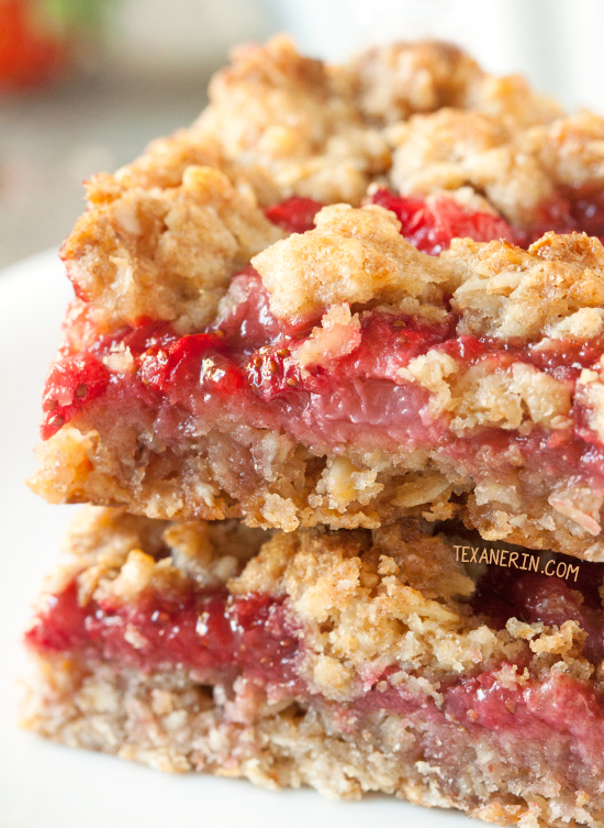 Strawberry Oat Bars – strawberries and strawberry jam are sandwiched between a buttery, 100% whole grain, streusel-like mixture! With a vegan and dairy-free option. Can also be made with all-purpose flour. Please click through to the recipe to see the dietary-friendly options.