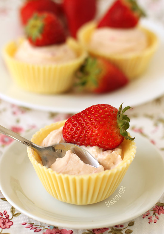 Strawberry Cheesecake Mousse in White Chocolate Cups – super easy to put together!