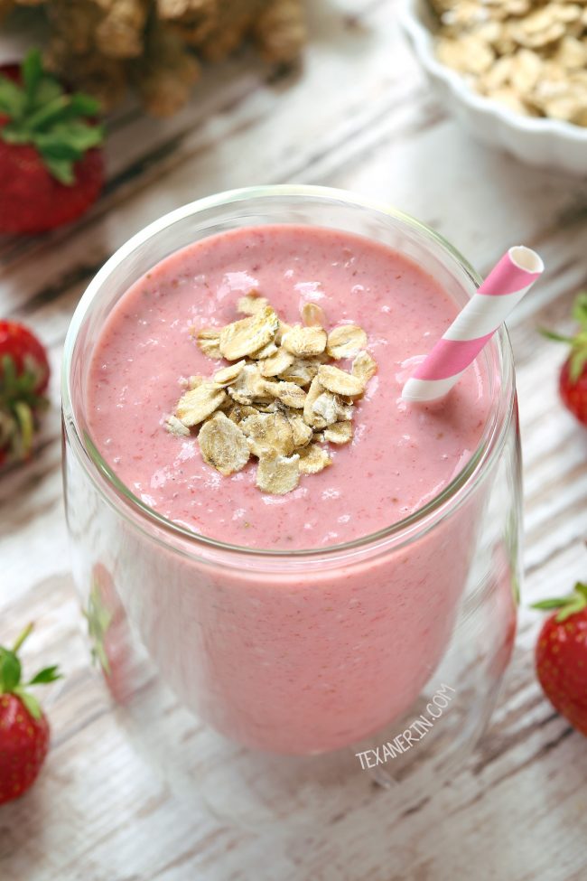 Anti-nausea Smoothie (Strawberry Ginger Banana) with paleo and vegan options.