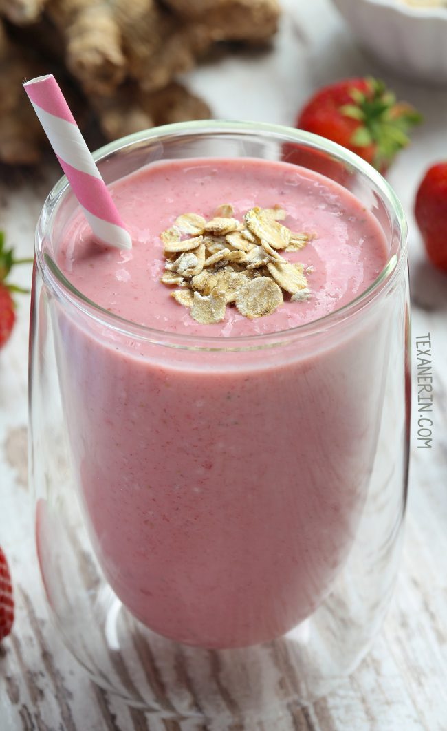 Anti-nausea Smoothie (Strawberry Ginger Banana) with vegan and paleo options.