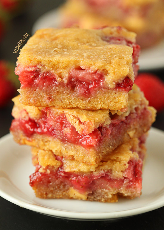 Strawberry White Chocolate Blondies – melted white chocolate in the batter makes these ultra chocoatey!–