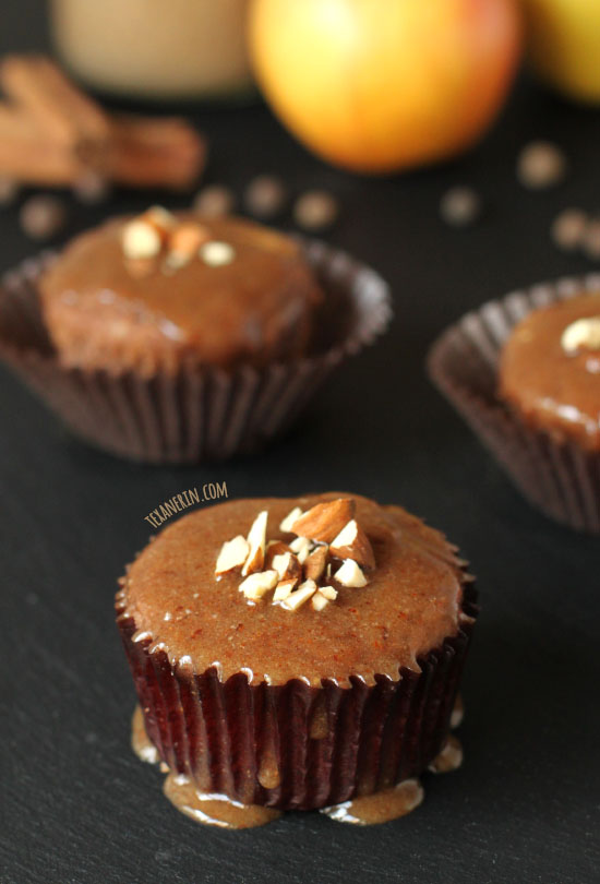 Grain-free, gluten-free, and dairy-free Spiced Applesauce Cupcakes with Maple Almond Butter Glaze – completely maple syrup sweetened!