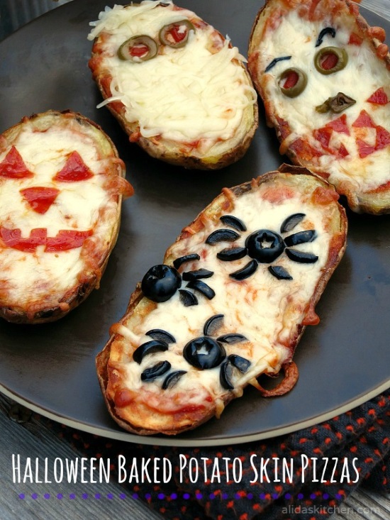 Halloween baked potato skin pizzas