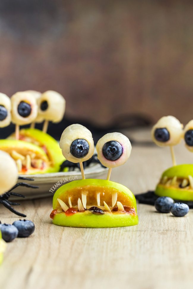 These monster mouths are perfect healthy Halloween treats and just use apples, strawberry jam, nut or seed butter, and almonds / sunflower seeds. Naturally paleo, vegan, nut-free, grain-free, gluten-free and dairy-free.