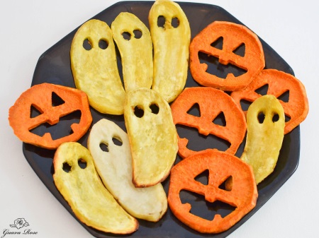 Roasted sweet potato jack-o-lantern face and ghosts