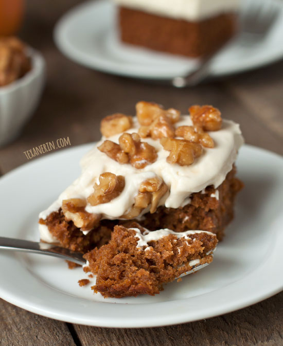 Pumpkin Cake with Maple Mascarpone Frosting – so light and wonderfully flavorful! Can be made gluten-free, 100% whole wheat or with all-purpose flour.