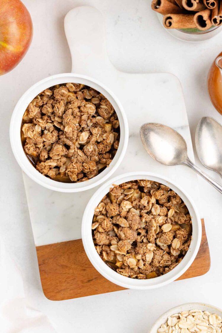 apple crumble for two on a cutting board