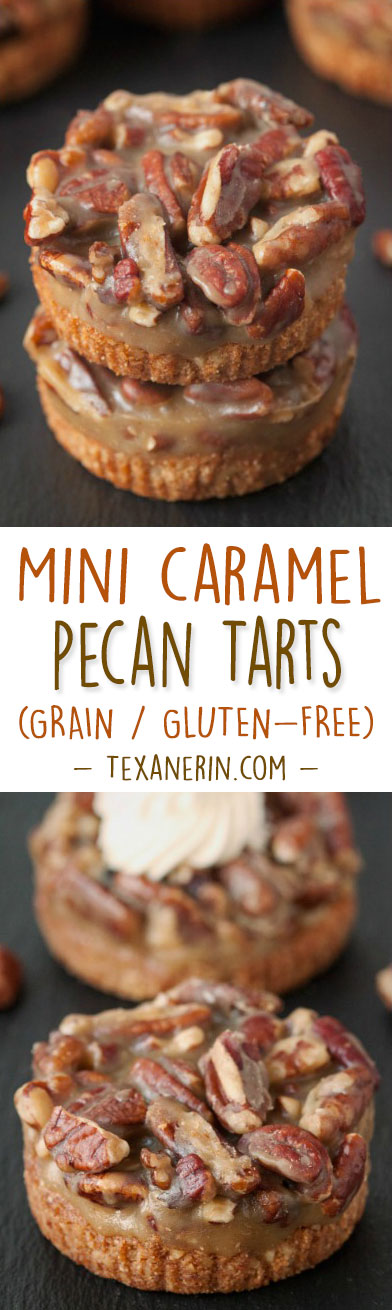 These mini caramel pecan tarts have an easy press-in crust and no-bake caramel pecan filling. Perfect for Thanksgiving or Christmas! {grain-free, gluten-free}
