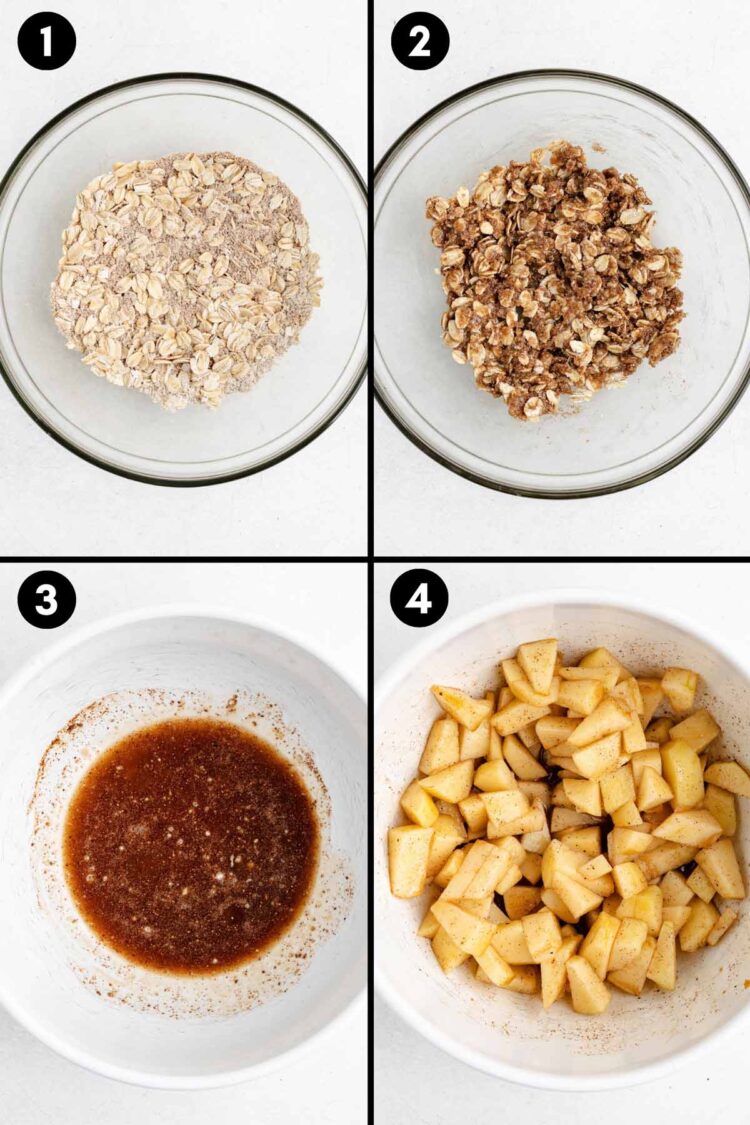 collage showing how to mix together the topping and filling for apple crumble for two