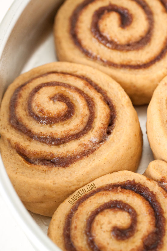 These pumpkin cinnamon buns are made a little healthier with whole grains and can be topped with either caramel sauce or maple cream cheese frosting!