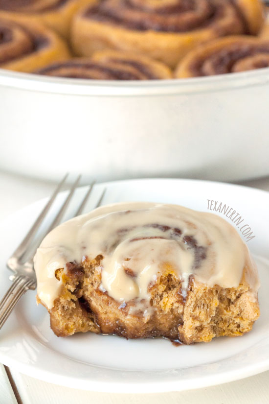 Whole wheat pumpkin cinnamon buns with maple cream cheese frosting