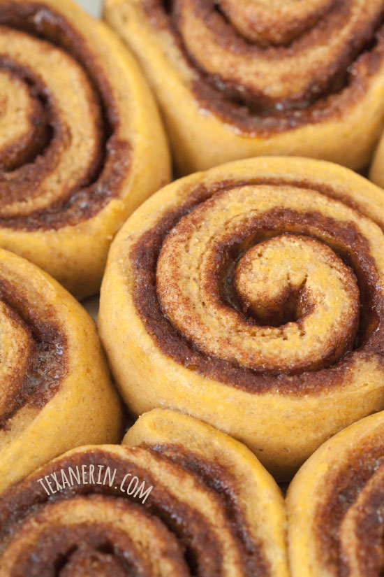 Whole Wheat Pumpkin Cinnamon Buns – great with either caramel sauce or maple cream cheese frosting!