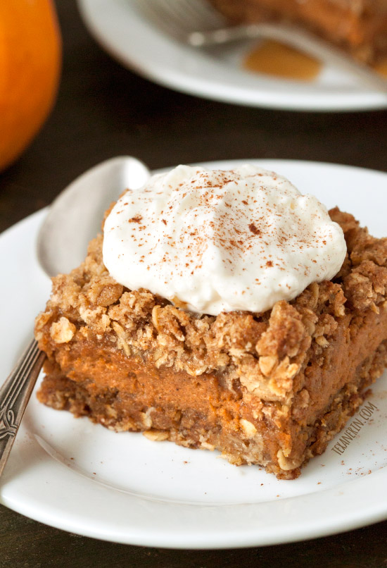 These delicious gluten-free and 100% whole grain pumpkin pie bars are loaded with streusel and are a fun alternative to traditional pumpkin pie!