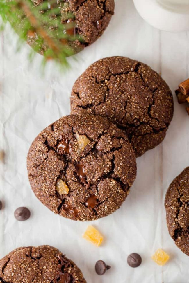 These chocolate gingerbread cookies are unbelievably soft and chewy! Can be made with all-purpose or whole wheat flour and are naturally dairy-free.
