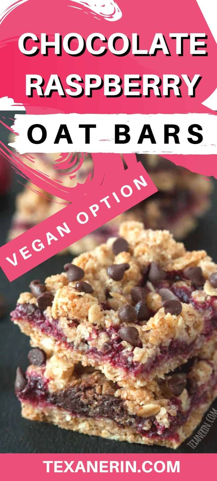 A layer of raspberries and chocolate is sandwiched between a streusel-like crust and topping in these vegan, 100% whole grain and dairy-free chocolate raspberry oat bars! Can also be made with all-purpose flour and butter.