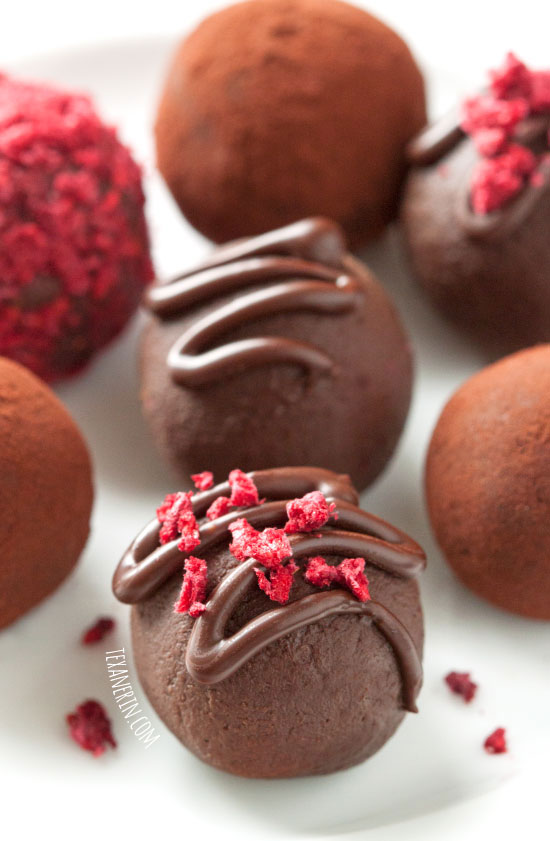 Healthier Raspberry Truffles with only four ingredients! With paleo and vegan options. Naturally grain-free and gluten-free.