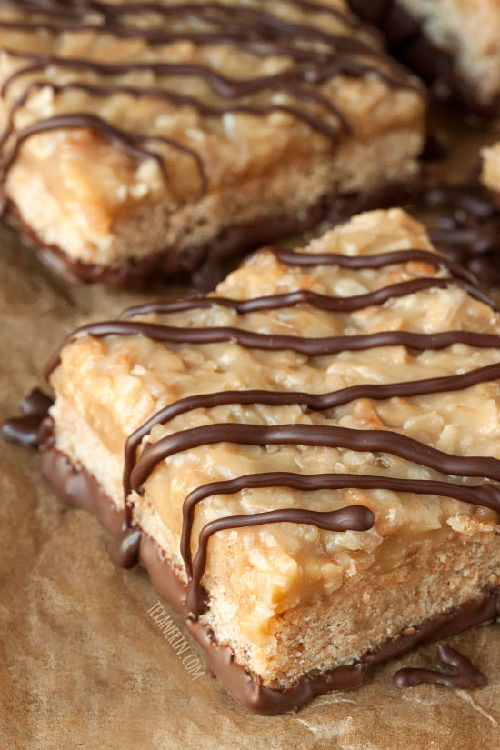 Totally from Scratch Samoa Bars – made a little healthier with whole grains (but can also be made with all-purpose flour!) and features a super simple caramel recipe!