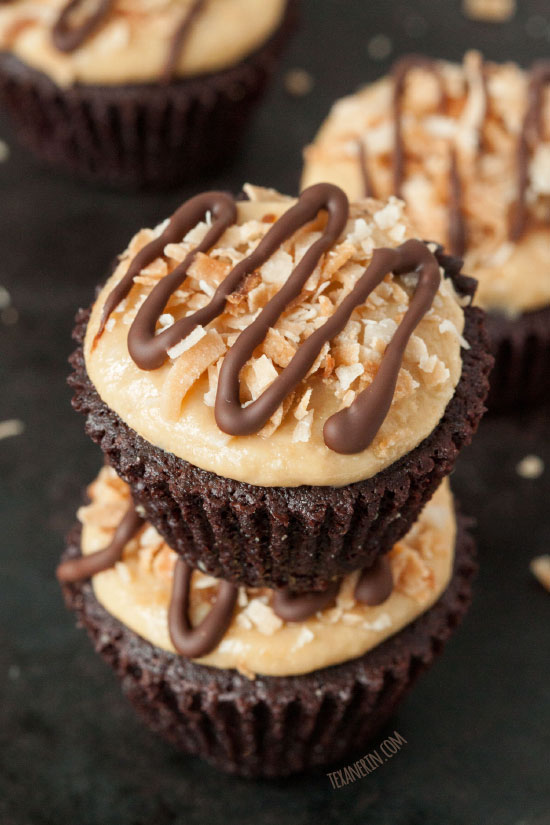 These ultra-fudgy grain-free, gluten-free and dairy-free brownie bites have a healthier coconut peanut butter frosting that sends them over the top!