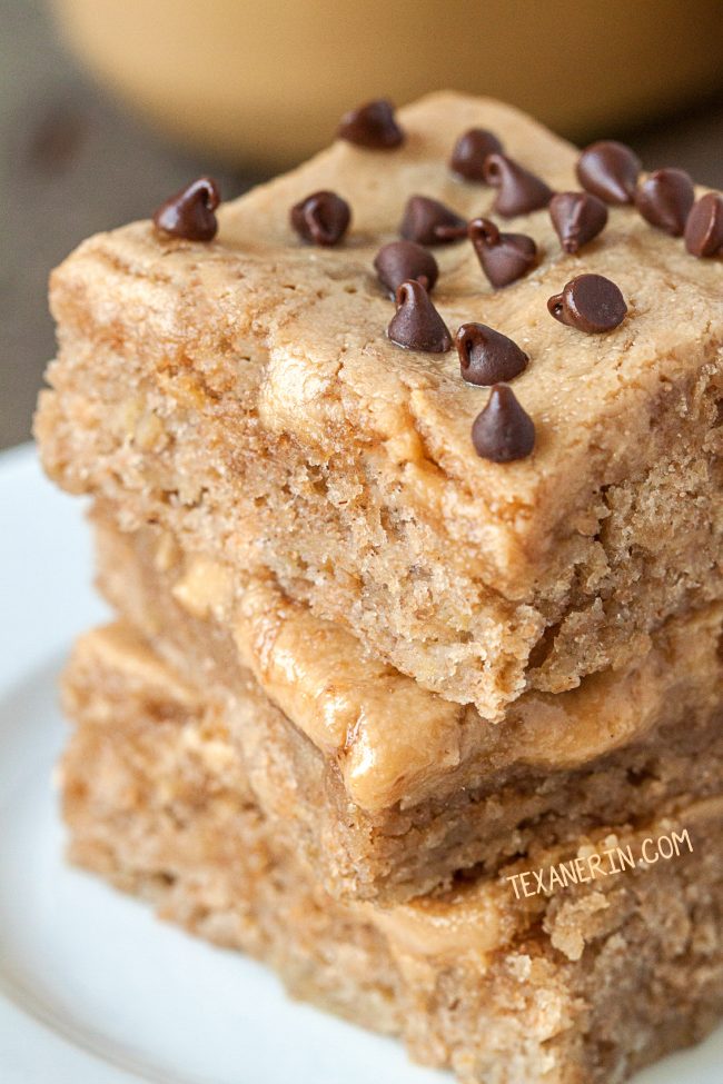 These peanut butter banana bars are like a cross between a blondie and a cake bar! 100% whole grain and dairy-free.