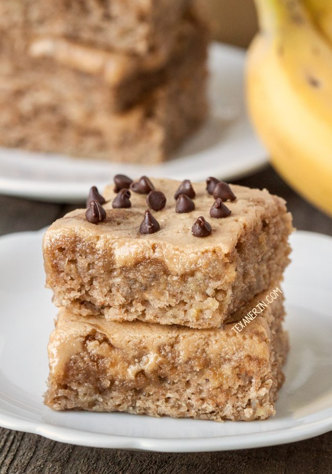 These peanut butter banana bars are like a cross between a blondie and a cake bar! Dairy-free and 100% whole grain.