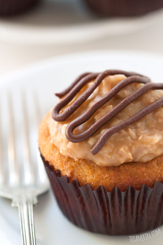 These grain-free and gluten-free Samoa cupcakes feature homemade coconut caramel topping and a coconut flour and brown sugar based cupcake!