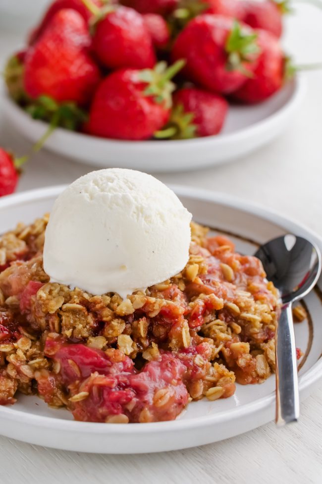 This delicious and easy strawberry rhubarb crisp has a thick layer of oat-based topping, is gluten-free, whole grain and can easily be made dairy-free and vegan. So many people have told me that this is the best crisp topping ever!