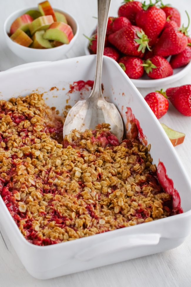 This delicious strawberry rhubarb crisp has a thick layer of oat-based topping, is gluten-free, whole grain and can easily be made dairy-free and vegan. So many people have told me that this is the best crisp topping ever!