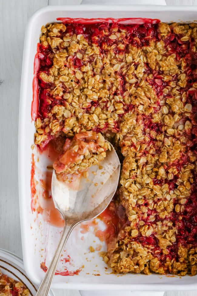 This strawberry rhubarb crisp has a thick layer of oat-based topping, is gluten-free, whole grain and can easily be made dairy-free and vegan. So many people have told me that this is the best crisp topping ever!