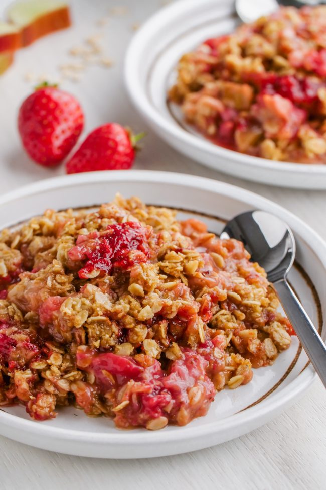 This easy and delicious strawberry rhubarb crisp has a thick layer of oat-based topping, is gluten-free, whole grain and can easily be made dairy-free and vegan. So many people have told me that this is the best crisp topping ever!