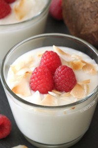 a glass of vegan coconut pudding topped with fresh raspberries and toasted coconut