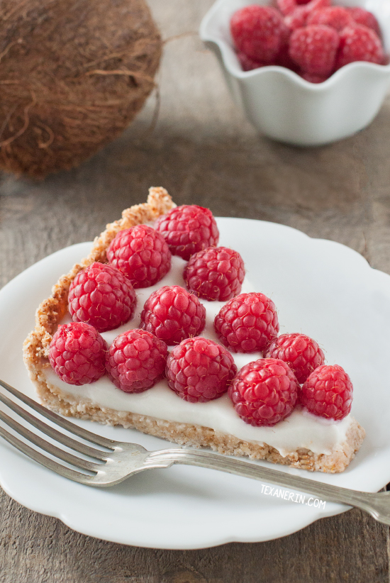 This raspberry coconut tart has a simple press-in coconut crust and coconut pudding filling! {vegan, gluten-free, and dairy-free}