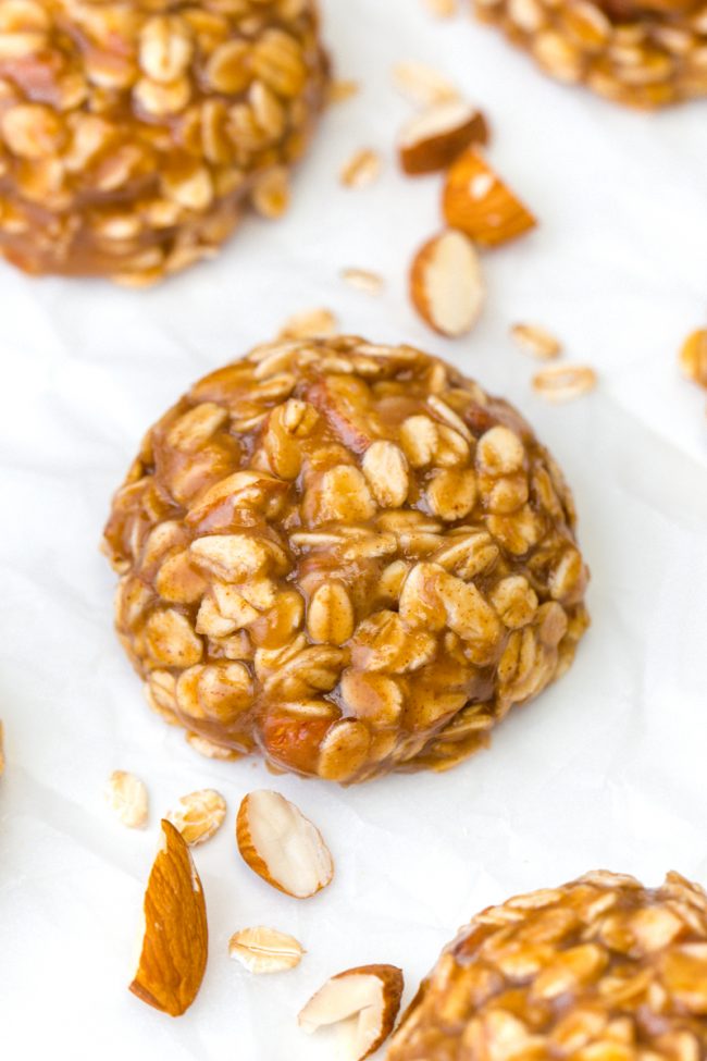 These soft and chewy no-bake maple almond butter cookies only take a few minutes to put together and are full of delicious fall flavors! {naturally vegan, gluten-free, dairy-free, 100% whole grain}