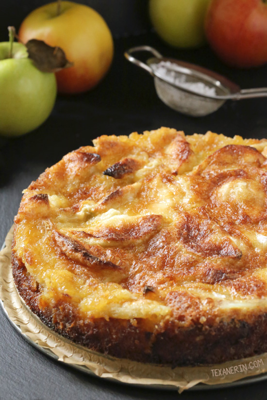 This simple French apple cake is like a crustless pie with a crunchy topping. Can be made 100% whole grain, or with all-purpose flour, and dairy-free.