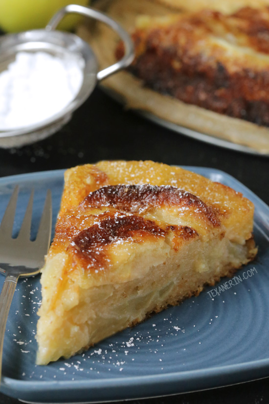 This simple French apple cake is like a crustless pie with a crunchy topping. Can be made 100% whole wheat (or with all-purpose flour) and dairy-free.