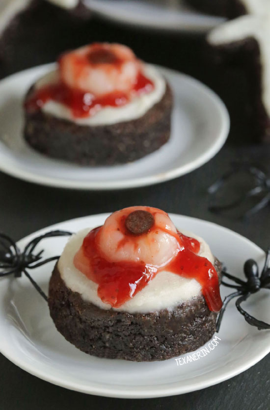 Bloody Eyeball Brownies without food coloring! This brownie base is paleo, gluten-free, grain-free and dairy-free but these bloody eyeball brownies can be made with any brownie recipe. Perfect for Halloween!