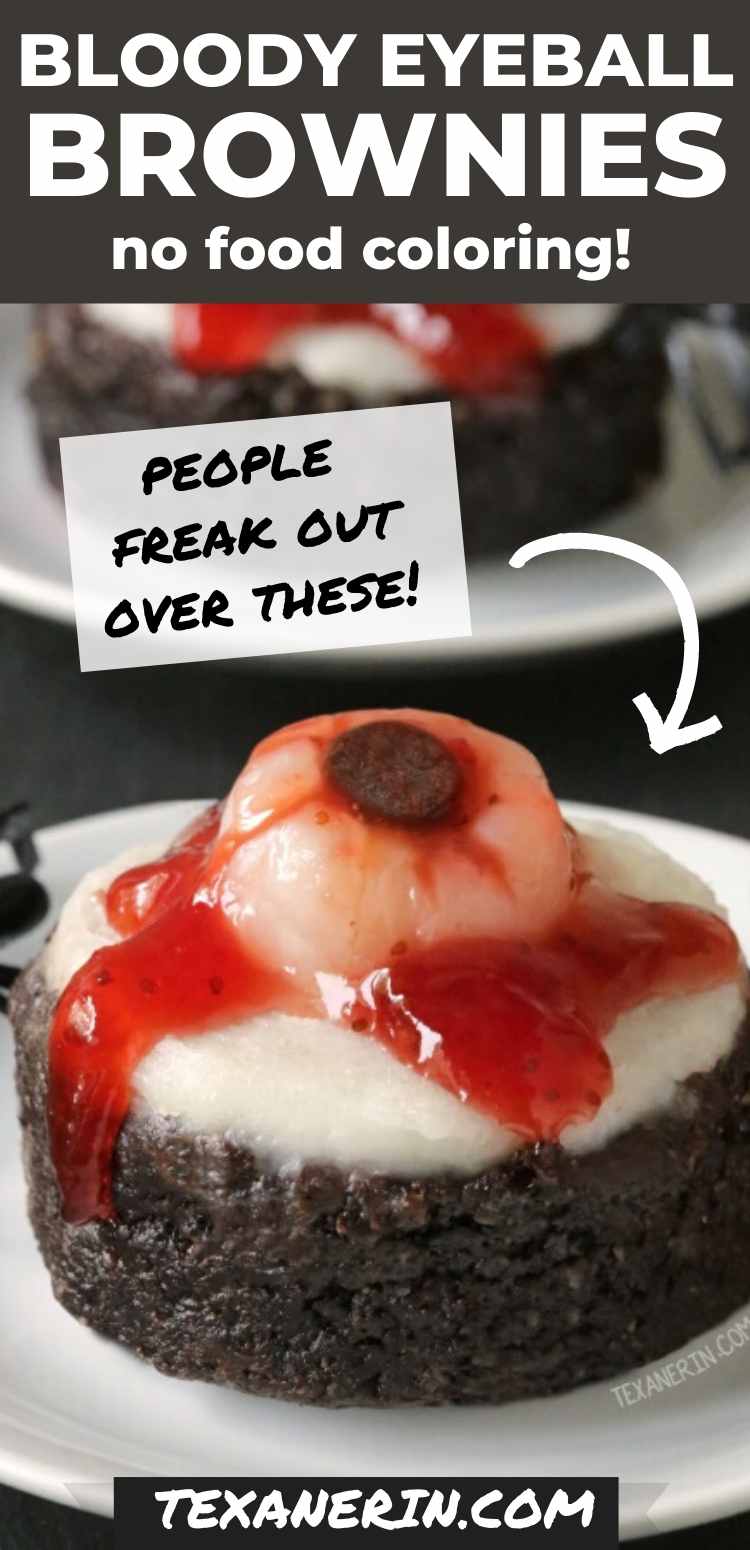 These bloody eyeball brownies are frosted with coconut butter frosting and then topped with lychees and strawberry jam. The brownies are paleo, grain-free, gluten-free and dairy-free but any brownie base could be used!