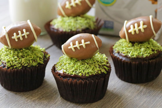 Moist and Fudgy Chocolate Football Cupcakes for #MeatlessMondayNight {vegan, dairy-free, 100% whole grain (all-purpose flour can also be used)}