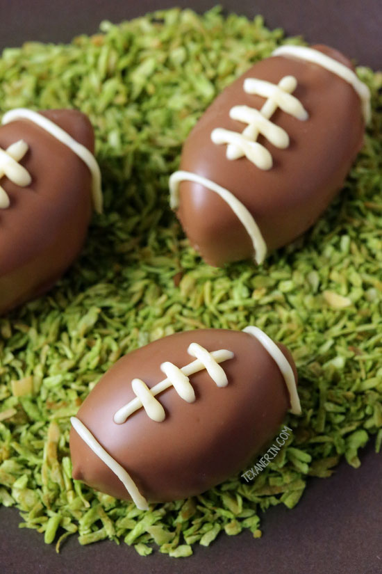 These chocolate peanut butter football truffles are made a little healthier in this gluten-free and grain-free version! With paleo, vegan, and dairy-free options.