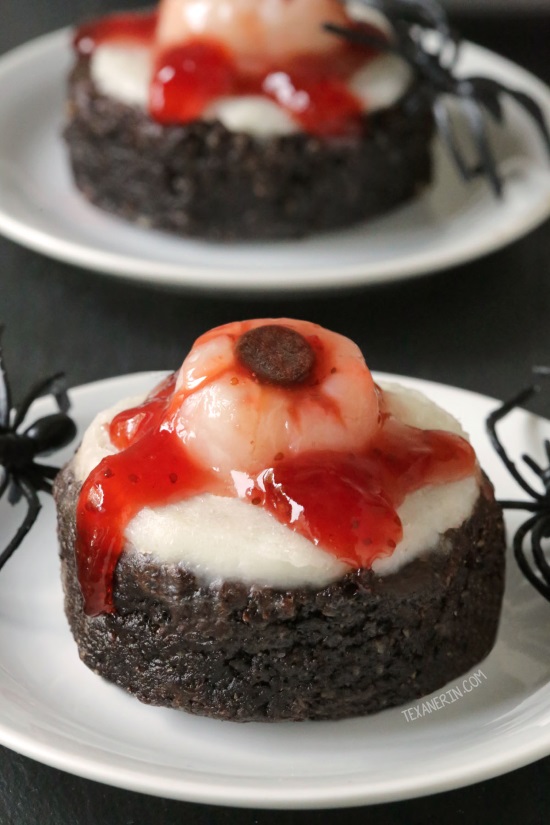 Bloody Eyeball Brownies without food coloring! This brownie base is paleo, grain-free, gluten-free, and dairy-free but these bloody eyeball brownies can be made with any brownie recipe. Perfect for Halloween!