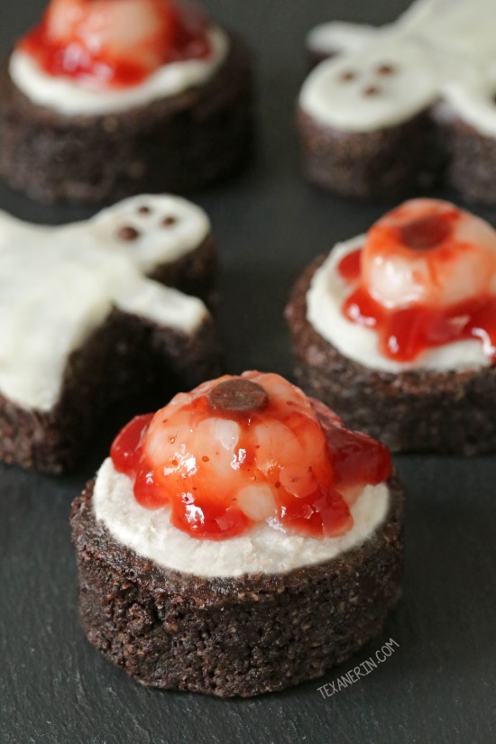 Bloody Eyeball Brownies without food coloring! This brownie base is paleo, gluten-free, grain-free and dairy-free but these bloody eyeball brownies can be made with any brownie recipe. Perfect for Halloween!