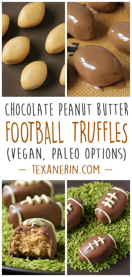 These chocolate peanut butter football truffles are made a little healthier in this gluten-free and grain-free version! With paleo, vegan, and dairy-free options.