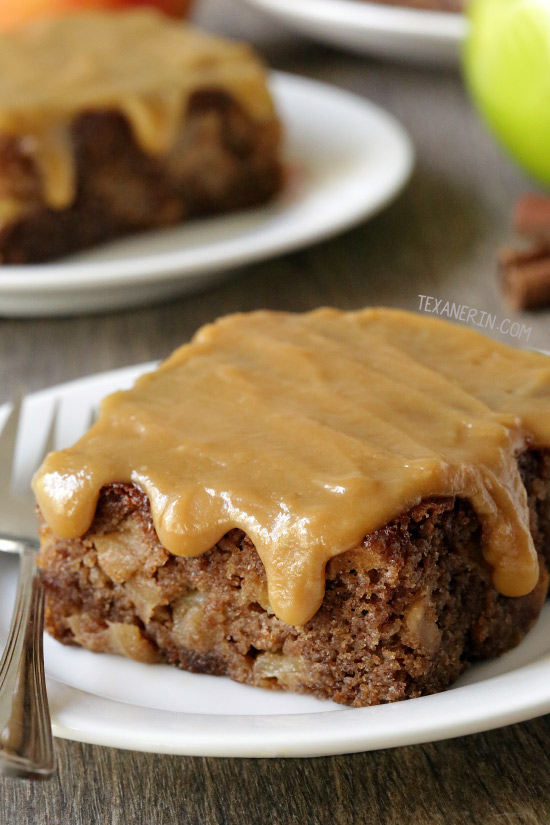 This apple cake is super easy, full of cinnamon and apples and is topped off with a simple salted caramel frosting. With gluten-free, 100% whole grain and all-purpose flour options.