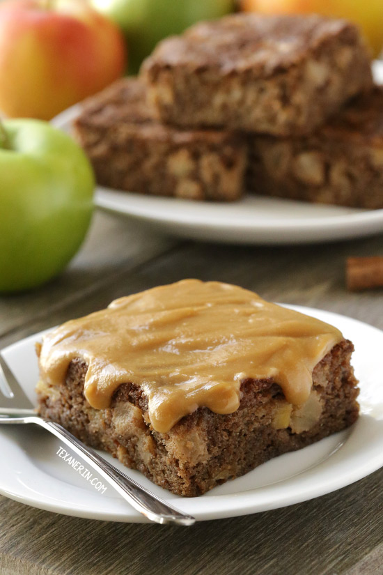 This apple cake is super easy, full of cinnamon and apples and is topped off with a simple salted caramel frosting. With gluten-free, 100% whole grain, all-purpose flour options.