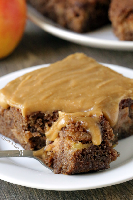 This apple cake is super easy to make, full of cinnamon and apples and is topped off with a simple salted caramel frosting. With gluten-free, 100% whole grain and all-purpose flour options.