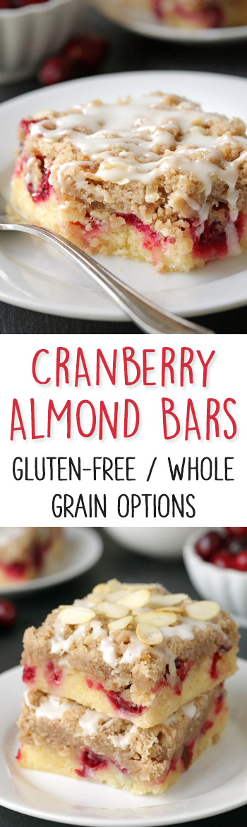 These cranberry almond bars have a dense, almost gooey-like cake base and are topped with a hefty amount of streusel! With gluten-free and 100% whole grain options.