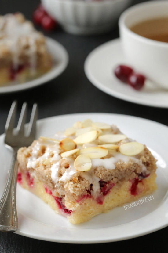 These cranberry almond bars have a dense, almost gooey-like cake base and are topped with a hefty amount of streusel! With gluten-free and 100% whole grain options.